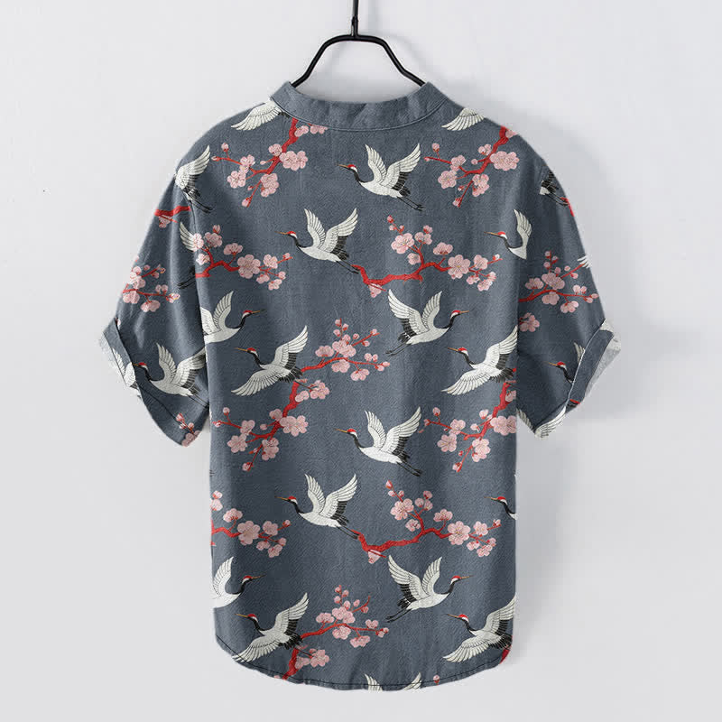 Buddha Stones Camisa Henley de manga corta para hombre con estampado de flores de ciruelo de Crane - image 8