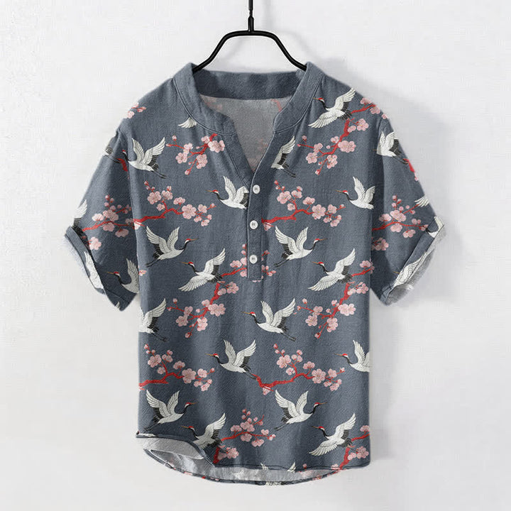 Buddha Stones Camisa Henley de manga corta para hombre con estampado de flores de ciruelo de Crane - Gris pizarra - US/UK/AU50, EU60 (5XL) - image 7