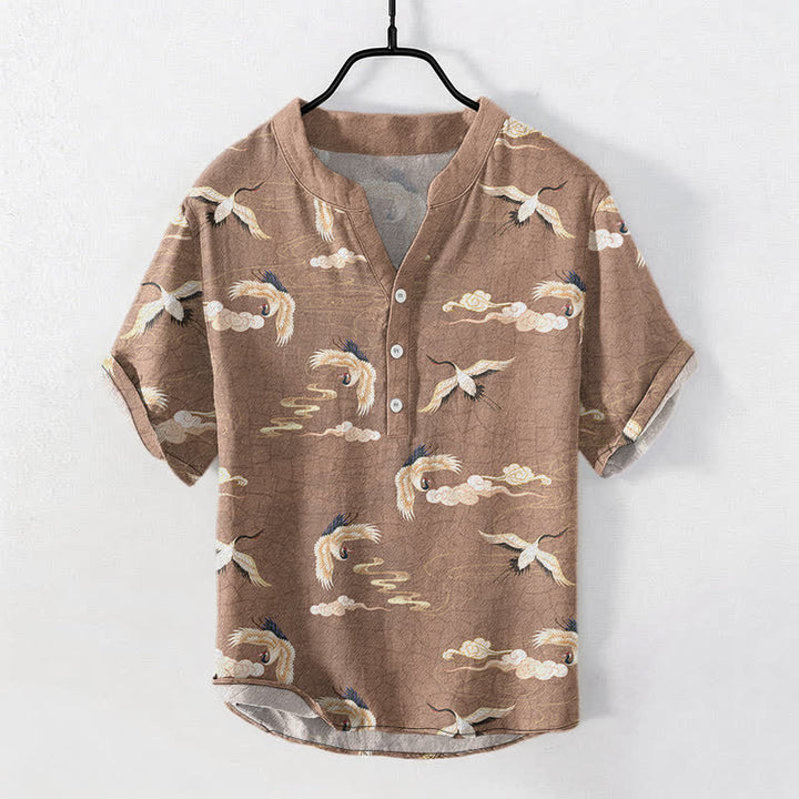 Buddha Stones Camisa de manga corta con medio botón para hombre con estampado de pájaros voladores y nubes. - BurlyWood - US/UK/AU50, EU60 (5XL) - image 0