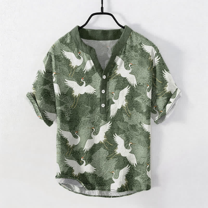 Buddha Stones Camisa de manga corta para hombre Crane, estilo casual de resort - image 5