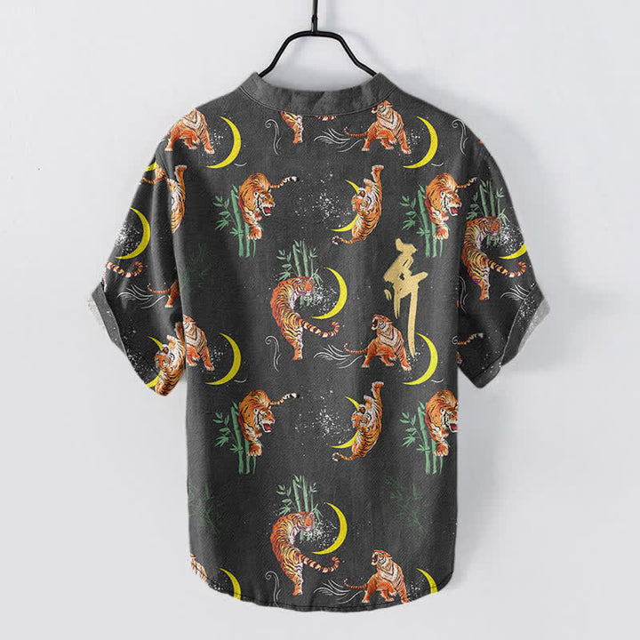 Buddha Stones Camisa de manga corta para hombre Tiger Moon Bamboo, estilo resort. - image 1