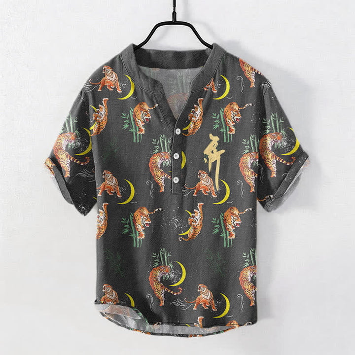 Buddha Stones Camisa de manga corta para hombre Tiger Moon Bamboo, estilo resort. - image 0