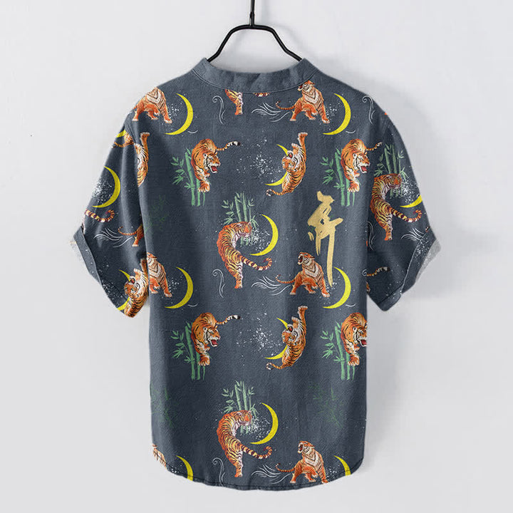 Buddha Stones Camisa de manga corta para hombre Tiger Moon Bamboo, estilo resort. - image 8