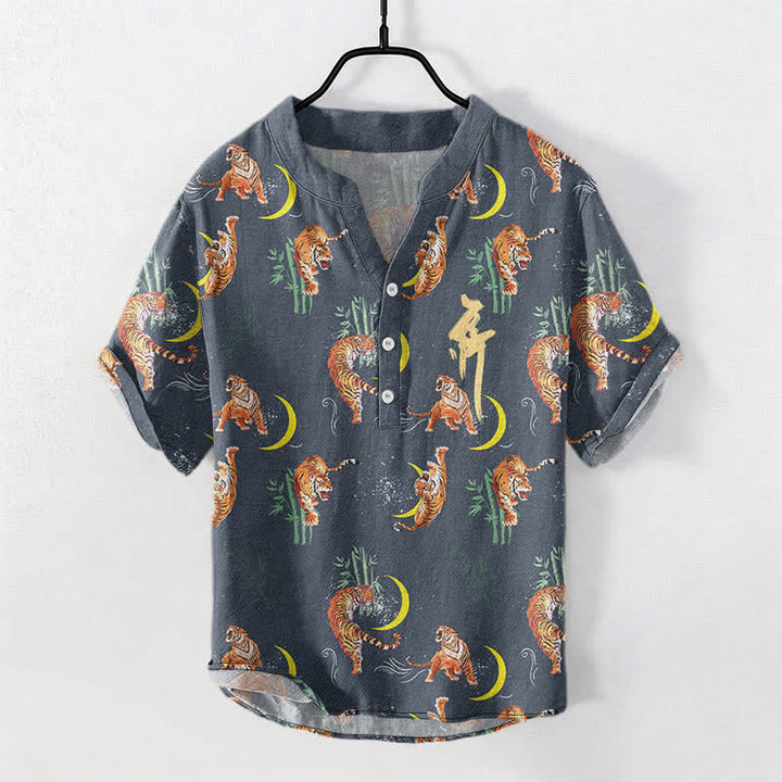Buddha Stones Camisa de manga corta para hombre Tiger Moon Bamboo, estilo resort. - image 7