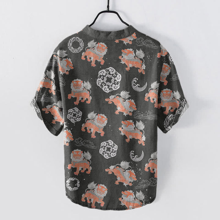 Buddha Stones Camisa de manga corta para hombre Cotton Lion Waves Cloud, ligera, de corte holgado, estilo resort. - image 1