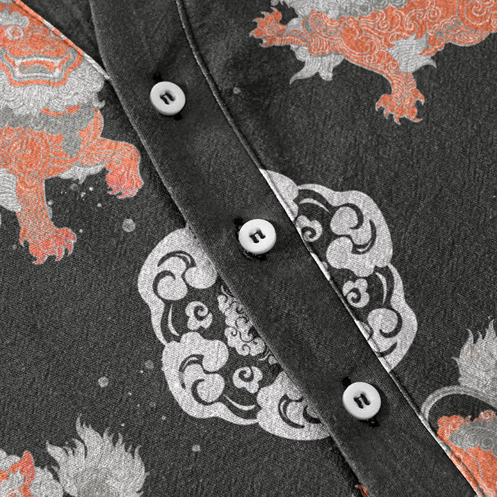Buddha Stones Camisa de manga corta para hombre Cotton Lion Waves Cloud, ligera, de corte holgado, estilo resort. - image 3