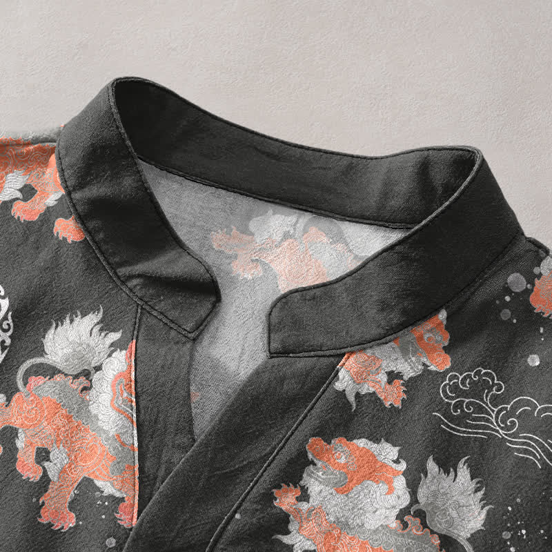 Buddha Stones Camisa de manga corta para hombre Cotton Lion Waves Cloud, ligera, de corte holgado, estilo resort. - image 2