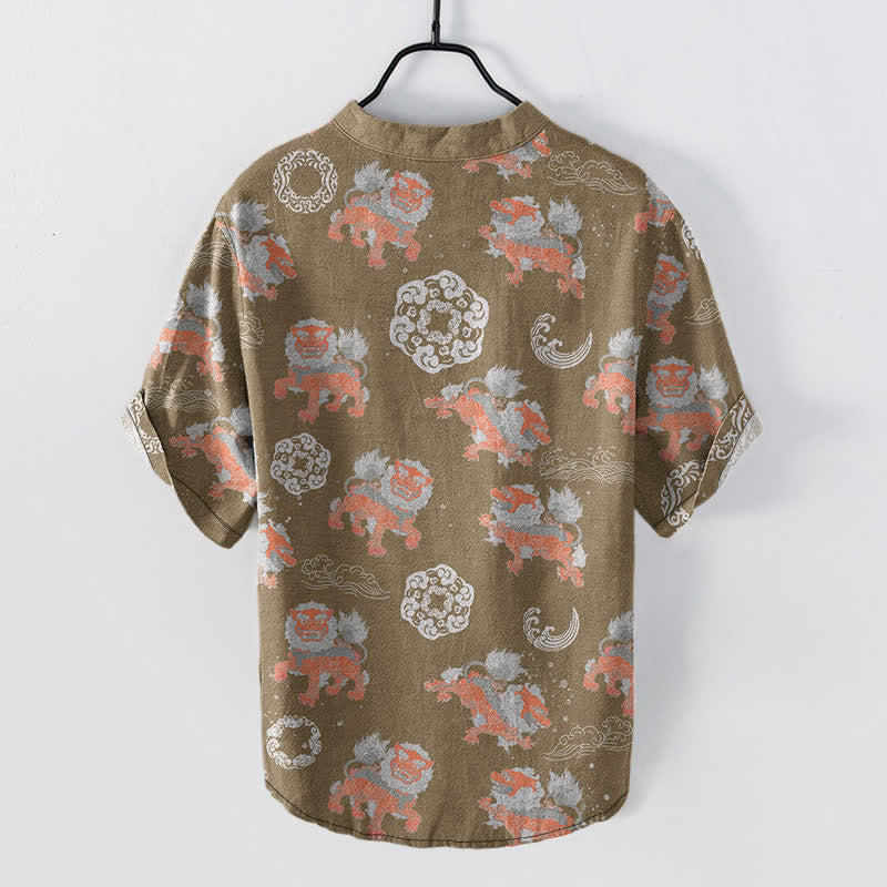 Buddha Stones Camisa de manga corta para hombre Cotton Lion Waves Cloud, ligera, de corte holgado, estilo resort. - image 6