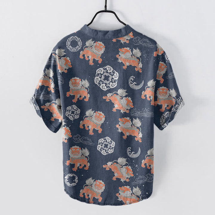 Buddha Stones Camisa de manga corta para hombre Cotton Lion Waves Cloud, ligera, de corte holgado, estilo resort. - image 8
