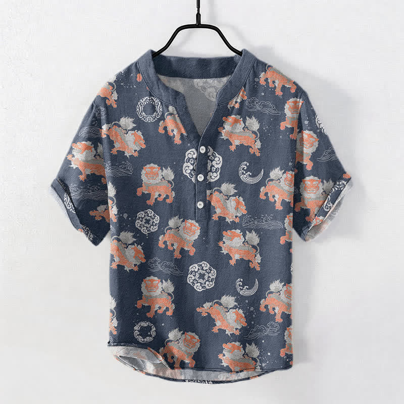 Buddha Stones Camisa de manga corta para hombre Cotton Lion Waves Cloud, ligera, de corte holgado, estilo resort. - image 7