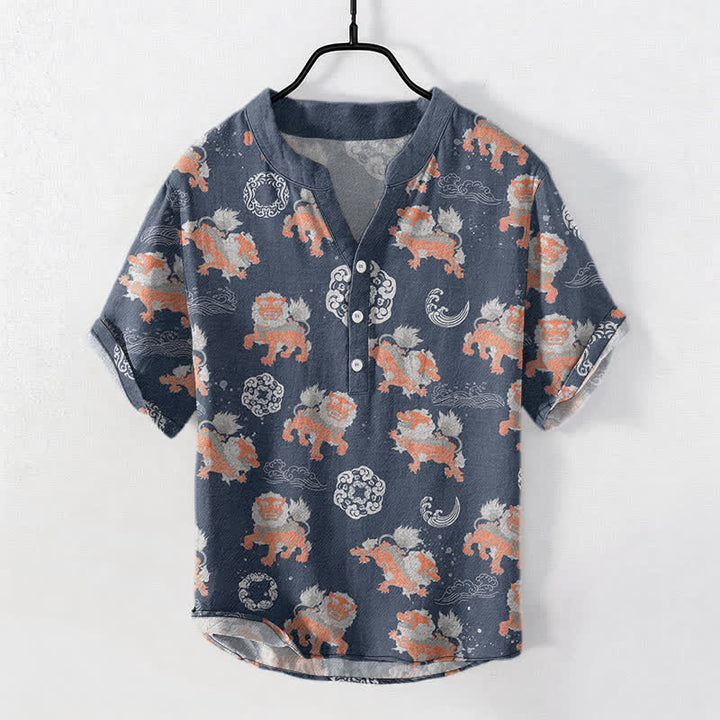 Buddha Stones Camisa de manga corta para hombre Cotton Lion Waves Cloud, ligera, de corte holgado, estilo resort. - image 7