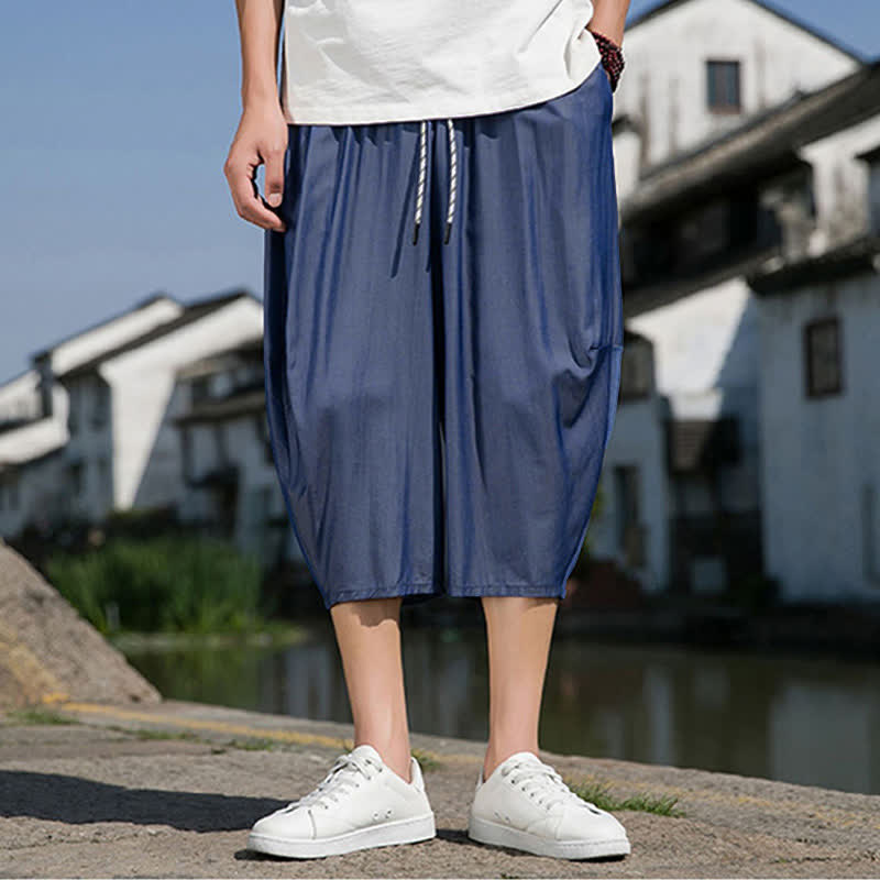 Buddha Stones Pantalones de verano para hombre, de corte ajustado, con cintura elástica, cordón ajustable y color liso, corte cónico y bolsillos. - image 1