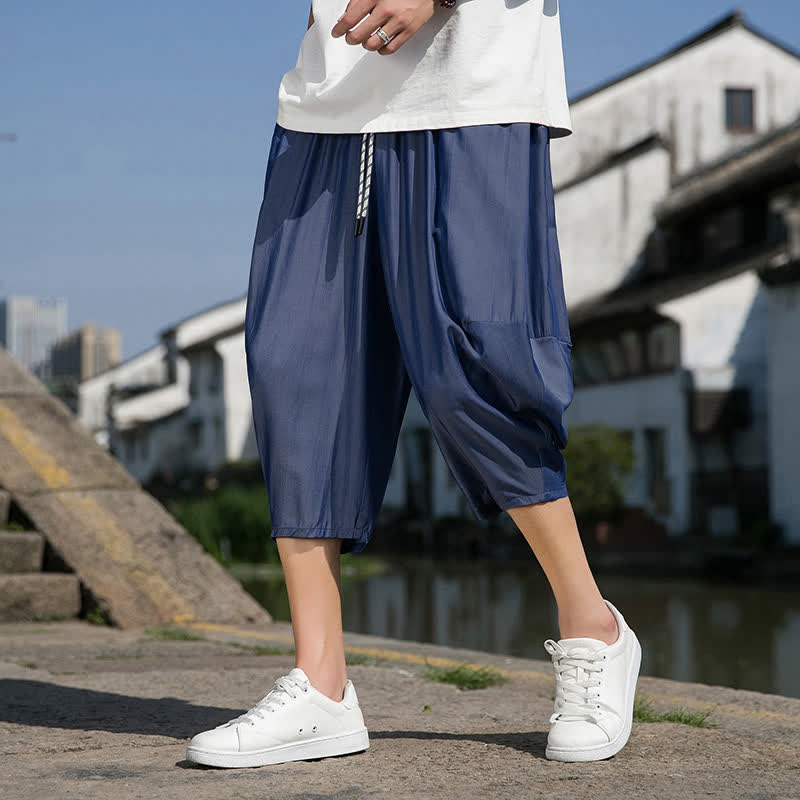 Buddha Stones Pantalones de verano para hombre, de corte ajustado, con cintura elástica, cordón ajustable y color liso, corte cónico y bolsillos. - Azul pizarra - US/UK/AU46, EU56 (5XL) - image 0