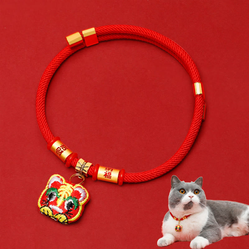 Buddha Stones Collar ajustable para mascotas, para gatos y perros, con bordado trenzado de hilo rojo y diseño de tigre. - Tigre de la fortuna afortunada - 26-44 cm - image 1