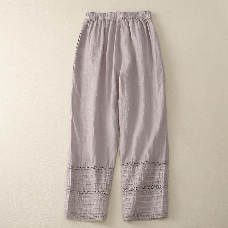 Buddha Stones Pantalones de mujer de algodón con cintura elástica, bajo plisado de encaje y bolsillos, ideales para primavera. - image 1