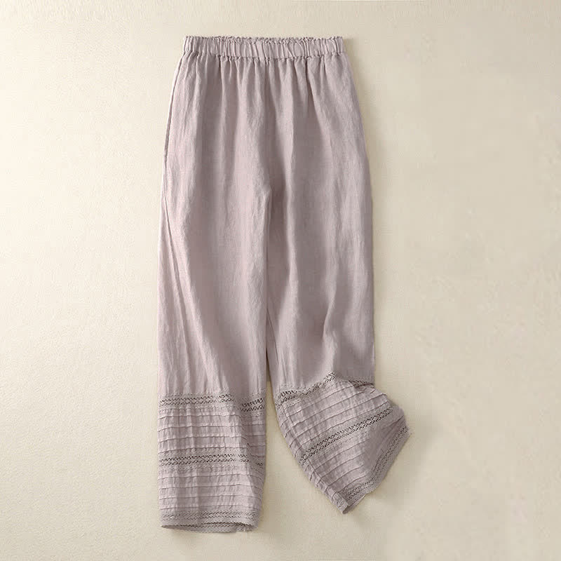 Buddha Stones Pantalones de mujer de algodón con cintura elástica, bajo plisado de encaje y bolsillos, ideales para primavera. - image 0