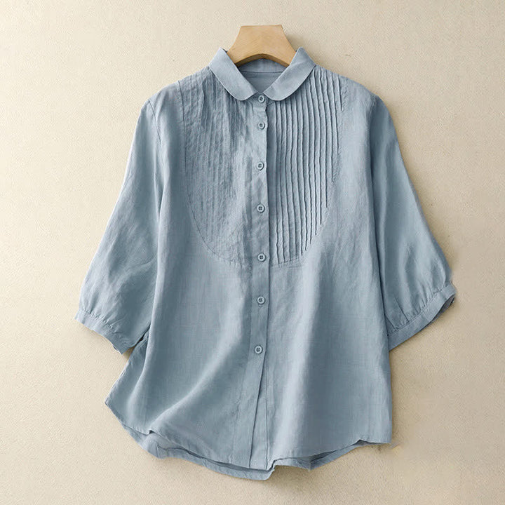 Buddha Stones Camisa de mujer de manga corta con cuello Peter Pan, pliegues y diseño de primavera. - Azul claro - US8-10，UK/AU12-14，EU40-42 (2XL) - image 0