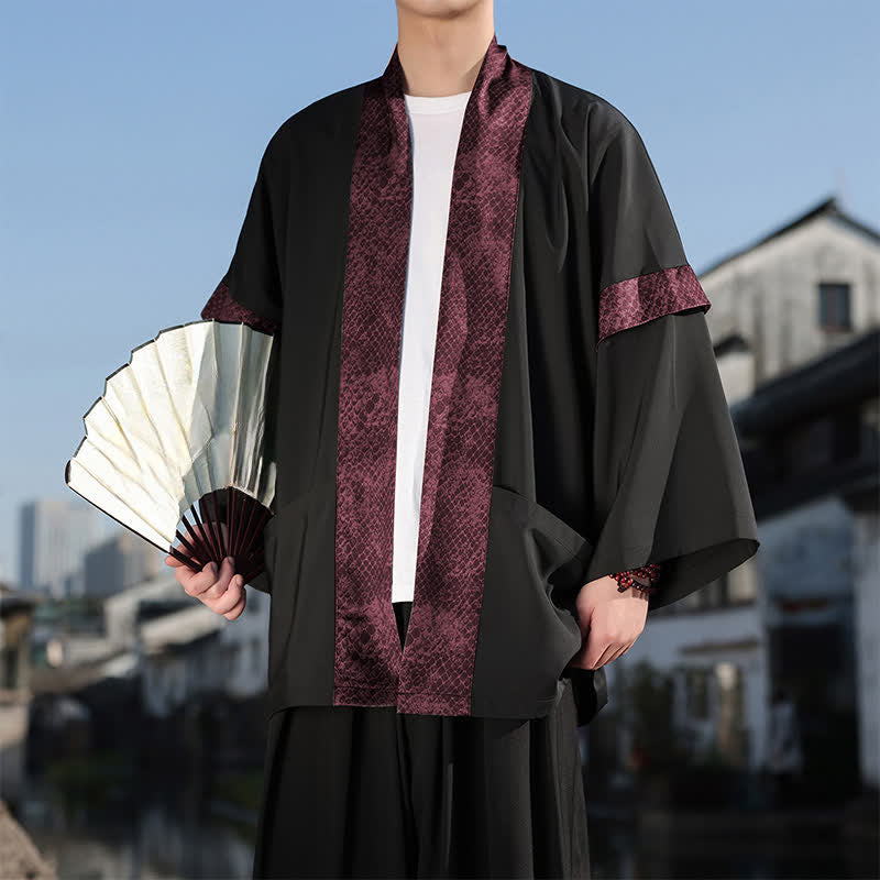 Buddha Stones Kimono de manga tres cuartos para hombre, estilo casual de verano, con cuello de solapa y cuello zen. - image 0