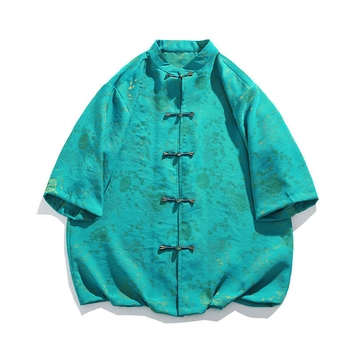 Buddha Stones Camisa de hombre elegante de estilo vintage veraniego con cuello mandarín y estampado de nubes doradas, manga hasta el codo. - image 14