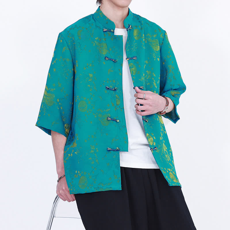 Buddha Stones Camisa de hombre elegante de estilo vintage veraniego con cuello mandarín y estampado de nubes doradas, manga hasta el codo. - image 8
