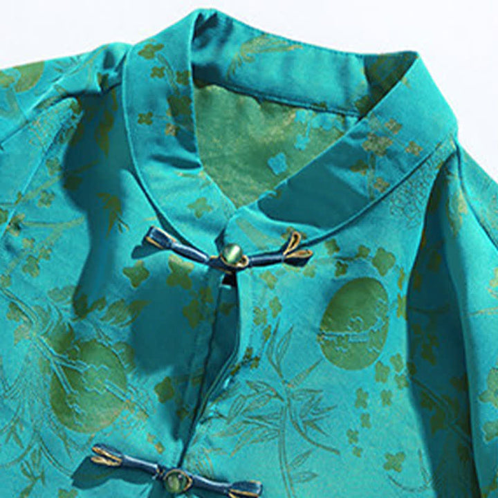Buddha Stones Camisa de hombre elegante de estilo vintage veraniego con cuello mandarín y estampado de nubes doradas, manga hasta el codo. - image 15