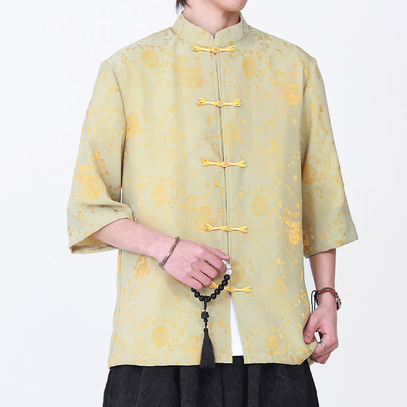 Buddha Stones Camisa de hombre elegante de estilo vintage veraniego con cuello mandarín y estampado de nubes doradas, manga hasta el codo. - Caqui - US/UK/AU46, EU56 (5XL) - image 0