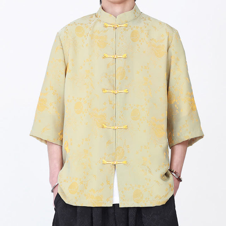 Buddha Stones Camisa de hombre elegante de estilo vintage veraniego con cuello mandarín y estampado de nubes doradas, manga hasta el codo. - image 5
