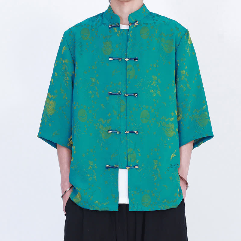 Buddha Stones Camisa de hombre elegante de estilo vintage veraniego con cuello mandarín y estampado de nubes doradas, manga hasta el codo. - image 12