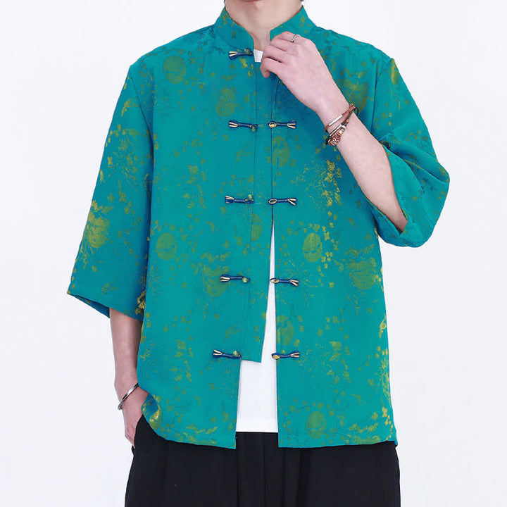 Buddha Stones Camisa de hombre elegante de estilo vintage veraniego con cuello mandarín y estampado de nubes doradas, manga hasta el codo. - image 11
