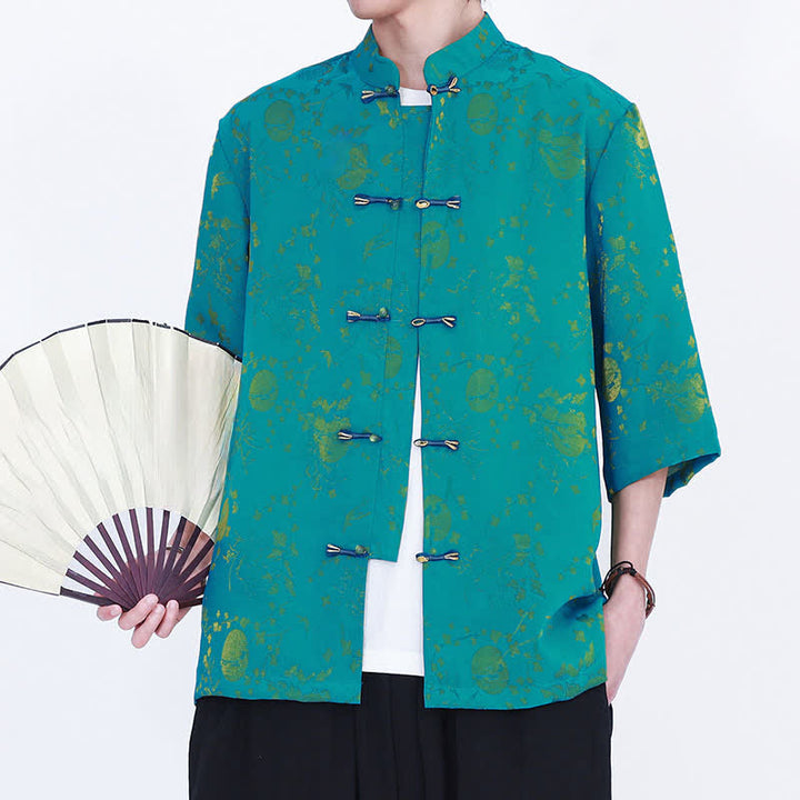 Buddha Stones Camisa de hombre elegante de estilo vintage veraniego con cuello mandarín y estampado de nubes doradas, manga hasta el codo. - image 10