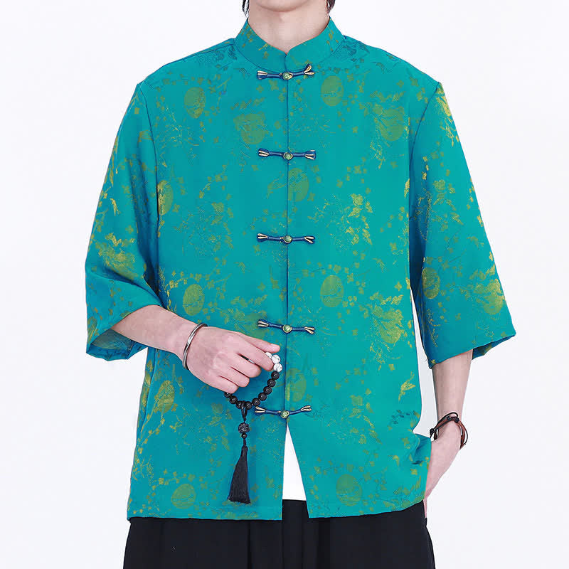 Buddha Stones Camisa de hombre elegante de estilo vintage veraniego con cuello mandarín y estampado de nubes doradas, manga hasta el codo. - Turquesa - US/UK/AU46, EU56 (5XL) - image 7
