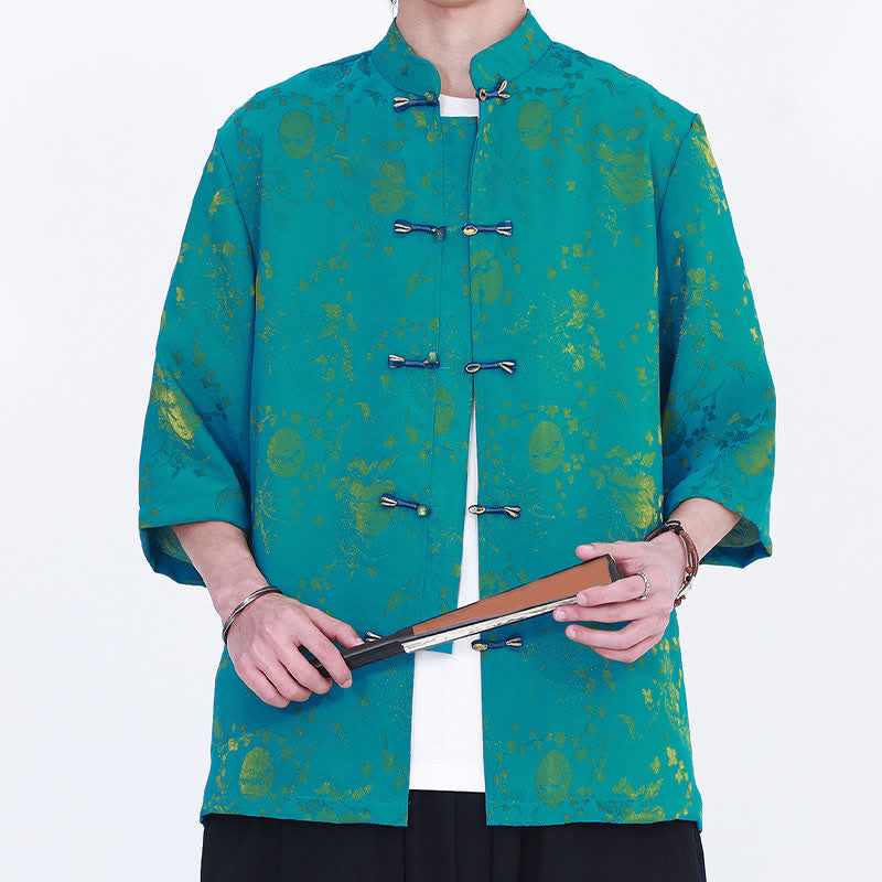 Buddha Stones Camisa de hombre elegante de estilo vintage veraniego con cuello mandarín y estampado de nubes doradas, manga hasta el codo. - image 13