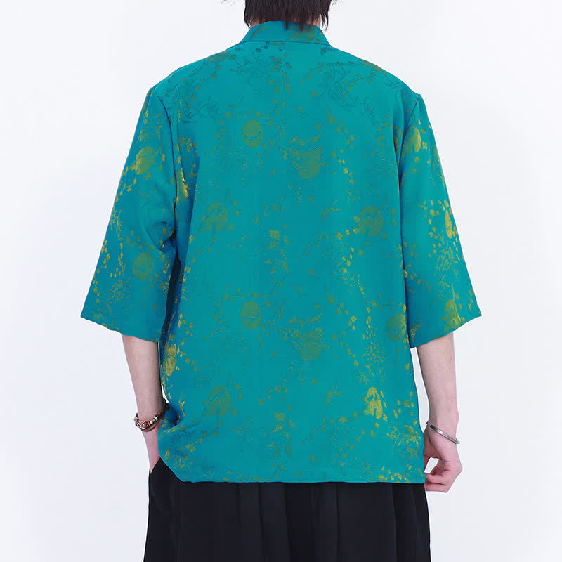 Buddha Stones Camisa de hombre elegante de estilo vintage veraniego con cuello mandarín y estampado de nubes doradas, manga hasta el codo. - image 9
