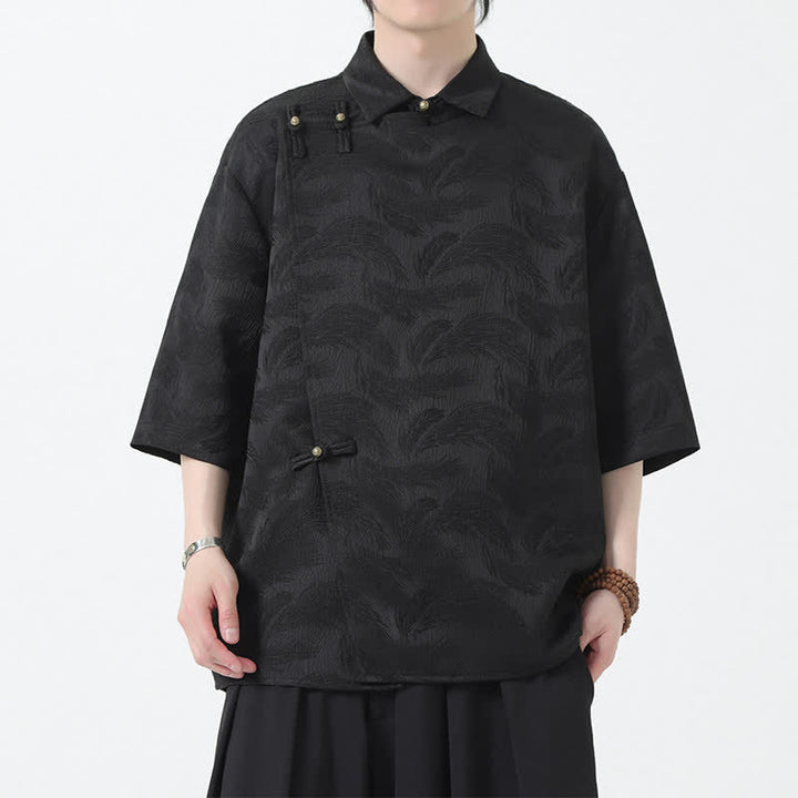 Buddha Stones Camisa de manga tres cuartos para hombre con cuello mandarín y textura jacquard. - image 4