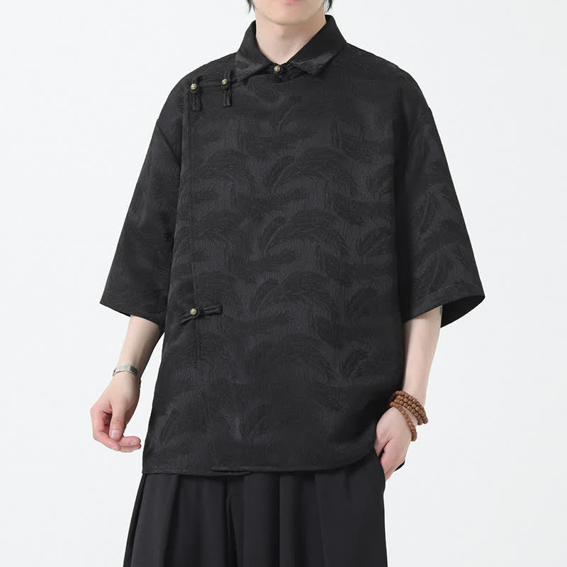 Buddha Stones Camisa de manga tres cuartos para hombre con cuello mandarín y textura jacquard. - image 0