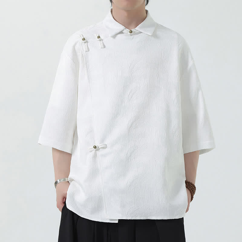 Buddha Stones Camisa de manga tres cuartos para hombre con cuello mandarín y textura jacquard. - image 12