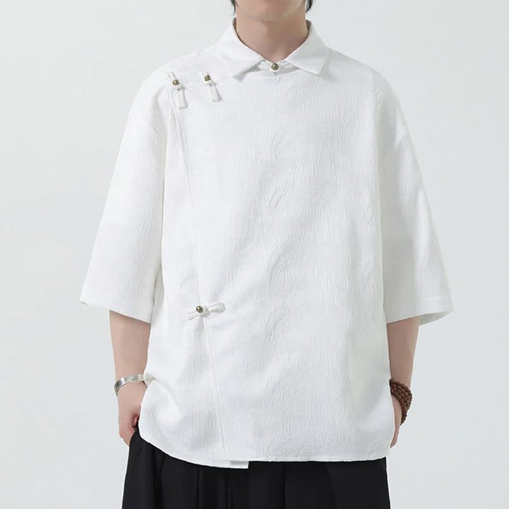Buddha Stones Camisa de manga tres cuartos para hombre con cuello mandarín y textura jacquard. - image 12