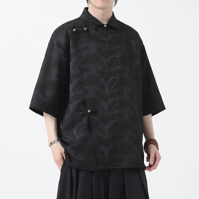 Buddha Stones Camisa de manga tres cuartos para hombre con cuello mandarín y textura jacquard. - image 1