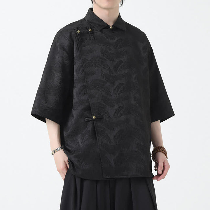 Buddha Stones Camisa de manga tres cuartos para hombre con cuello mandarín y textura jacquard. - image 1