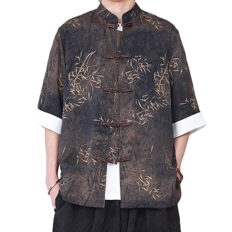 Buddha Stones Camisa de manga tres cuartos para hombre con estampado de bambú veraniego, cuello mandarín y botones de rana. - image 5