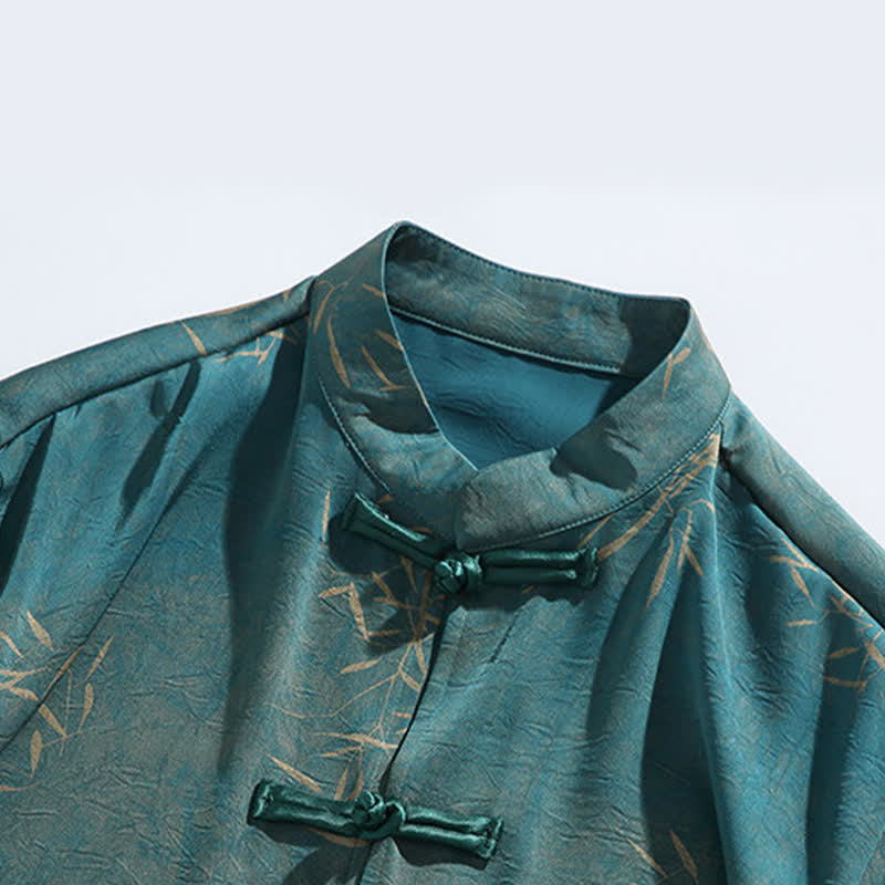 Buddha Stones Camisa de manga tres cuartos para hombre con estampado de bambú veraniego, cuello mandarín y botones de rana. - image 12