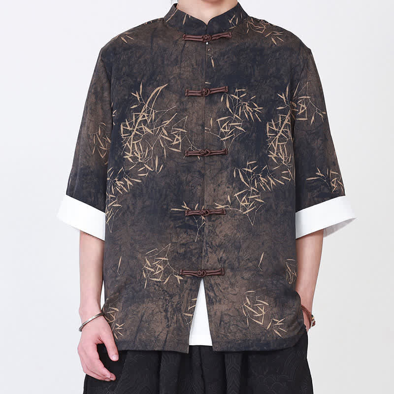 Buddha Stones Camisa de manga tres cuartos para hombre con estampado de bambú veraniego, cuello mandarín y botones de rana. - image 1