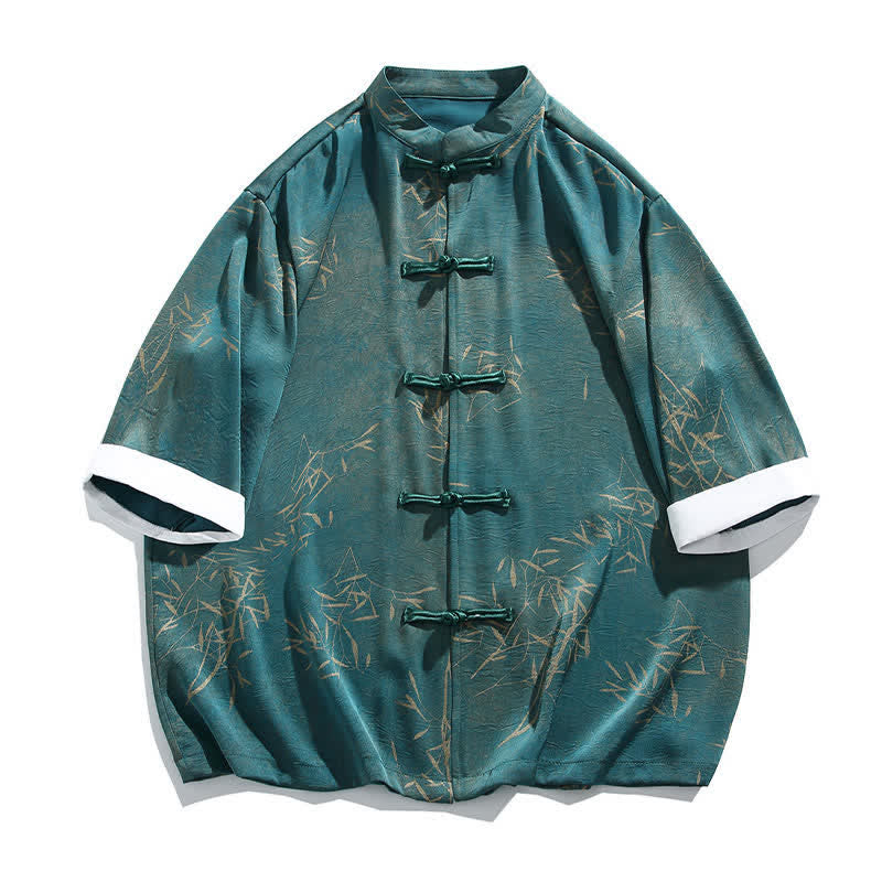 Buddha Stones Camisa de manga tres cuartos para hombre con estampado de bambú veraniego, cuello mandarín y botones de rana. - image 11