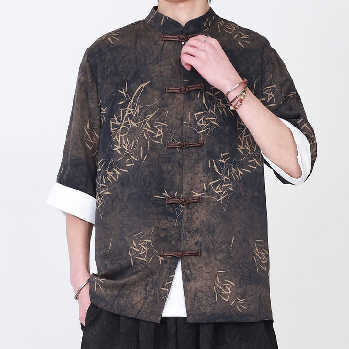 Buddha Stones Camisa de manga tres cuartos para hombre con estampado de bambú veraniego, cuello mandarín y botones de rana. - image 2