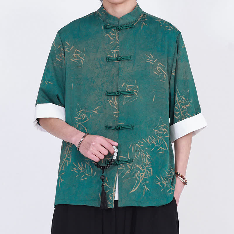 Buddha Stones Camisa de manga tres cuartos para hombre con estampado de bambú veraniego, cuello mandarín y botones de rana. - image 10