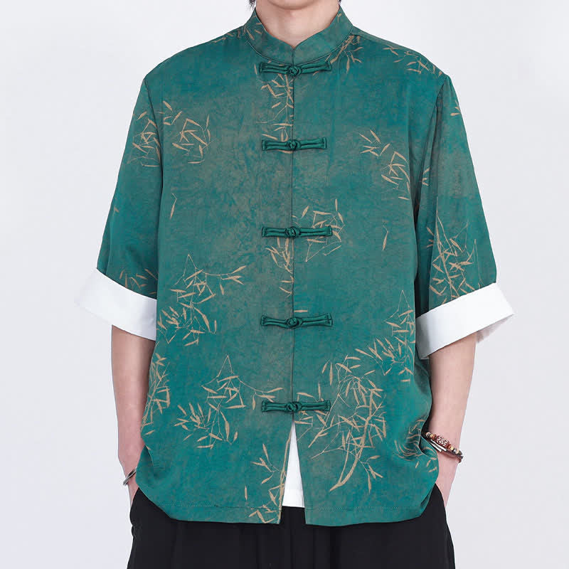 Buddha Stones Camisa de manga tres cuartos para hombre con estampado de bambú veraniego, cuello mandarín y botones de rana. - image 8