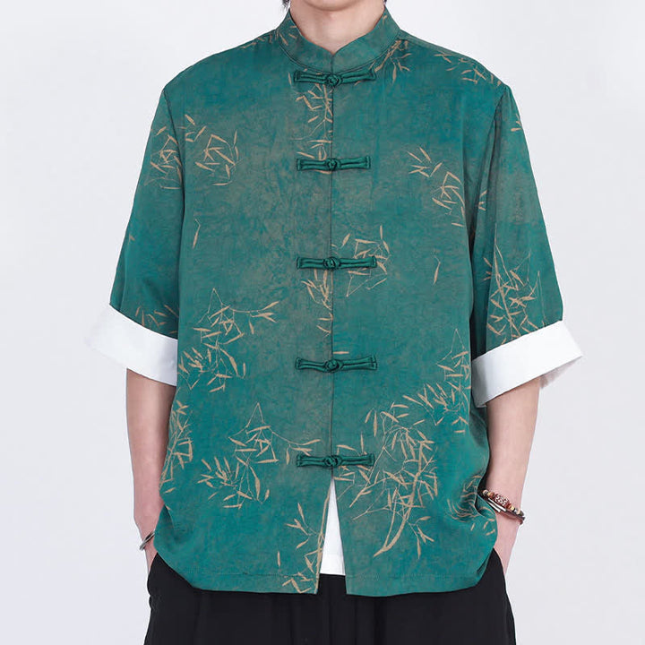 Buddha Stones Camisa de manga tres cuartos para hombre con estampado de bambú veraniego, cuello mandarín y botones de rana. - image 8
