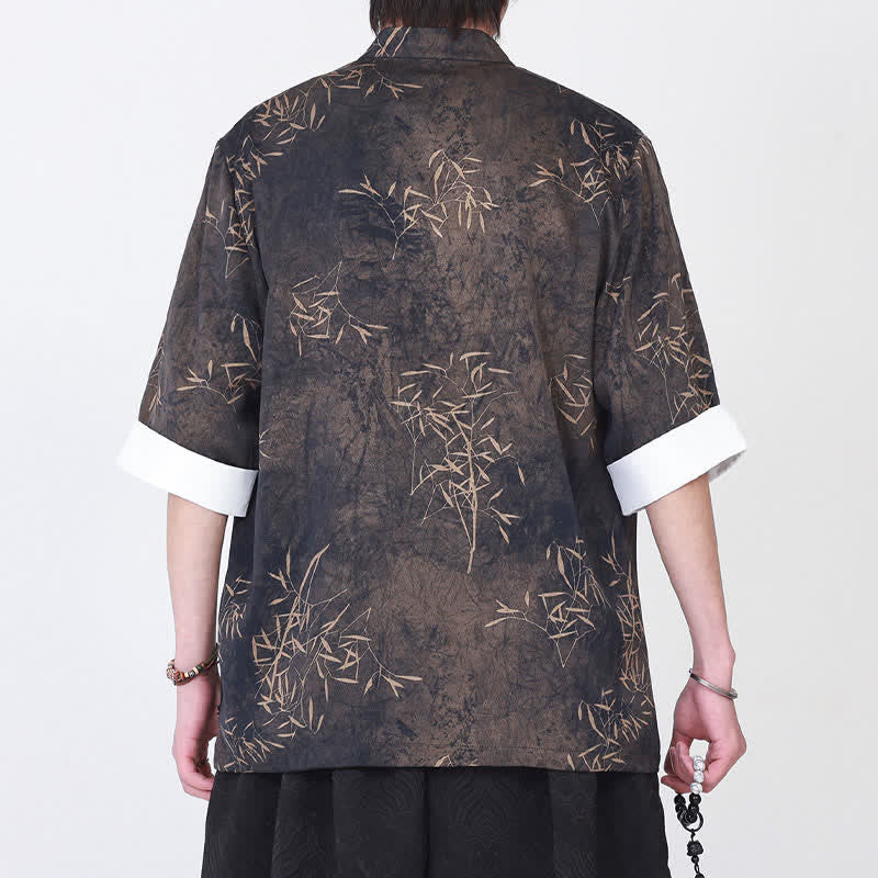 Buddha Stones Camisa de manga tres cuartos para hombre con estampado de bambú veraniego, cuello mandarín y botones de rana. - image 4