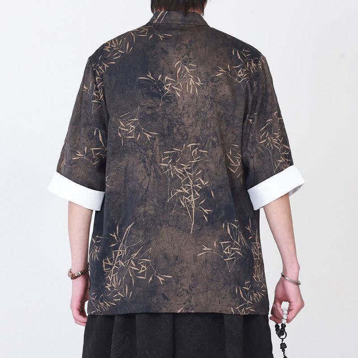 Buddha Stones Camisa de manga tres cuartos para hombre con estampado de bambú veraniego, cuello mandarín y botones de rana. - image 4