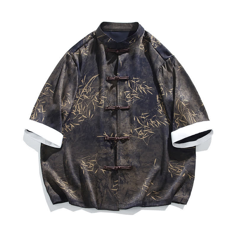 Buddha Stones Camisa de manga tres cuartos para hombre con estampado de bambú veraniego, cuello mandarín y botones de rana. - image 6
